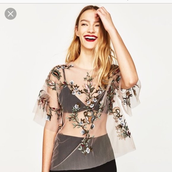 Zara Floral Embroidered Sheer Top Small - Picture 3 of 12
